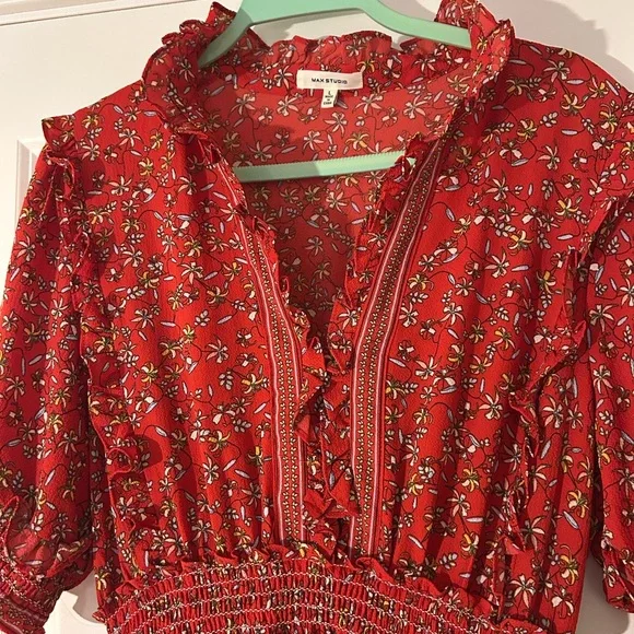 Max Studio Tiered Boho Red Floral Puff Sleeve Maxi Dress - Picture 5 of 8